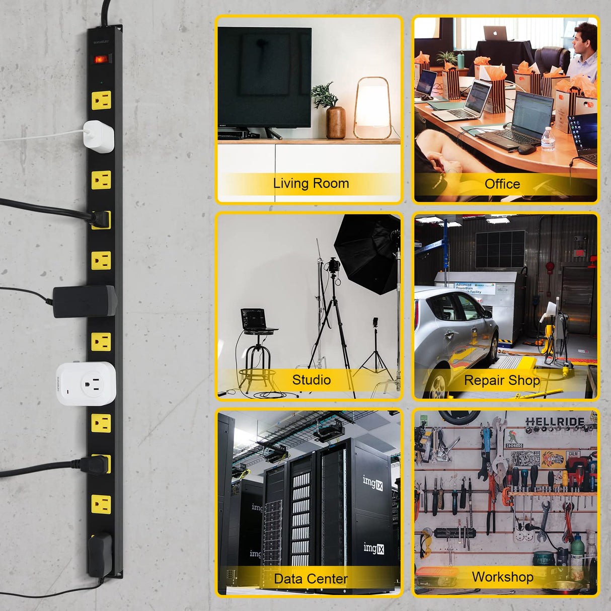 SURAIELEC 12 Outlet Long Metal Power Strip, 15 FT Cord Surge Protector, Angled Flat Plug, Wide Spaced Outlet Power Bar, 15A Breaker, Wall Mountable, Industrial Heavy Duty for Work Bench, Shop, Garage SURAIELEC