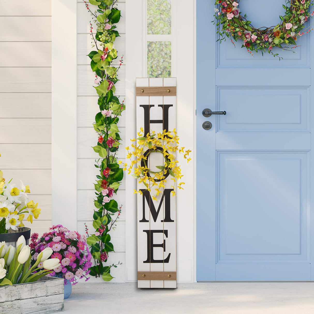 Glitzhome Wooden Welcome Home Porch Sign with Interchangeable Wreaths for Front Door, Vertical Farmhouse Standing Home Sign, Hanging Sign for Year Spring Fall Thanksgiving Christmas, 42”H, White glitzhome