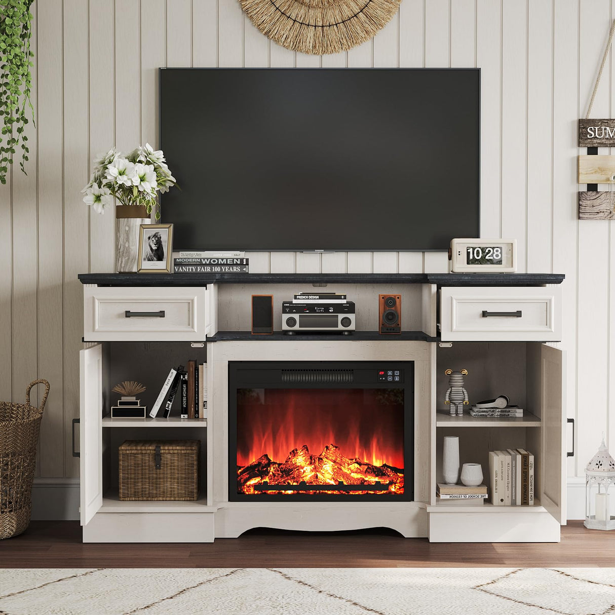 Maupvit Fireplace TV Stand for up to 65 inch TV, Entertainment Center with 23" Fireplace, Farmhouse TV Stands with Electric Fireplace, 2 Storage Cabinets, 2 Drawers for Living Room, White Maupvit
