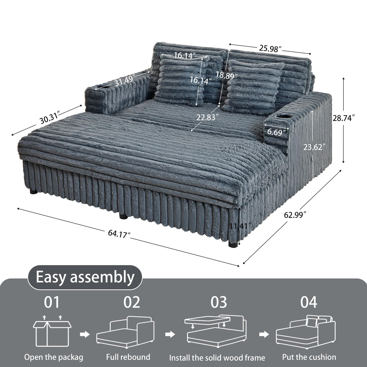 RARZOE 64'' Oversized Chaise Lounge Chair Indoor, Plush Faux Rabbit Fur Sleeper Sofa Bed with 4 Pillows, Charging Station & Cup Holders, Fluffy Comfy Cloud Couch Loveseat Sofa for Living Room,Grey RARZOE