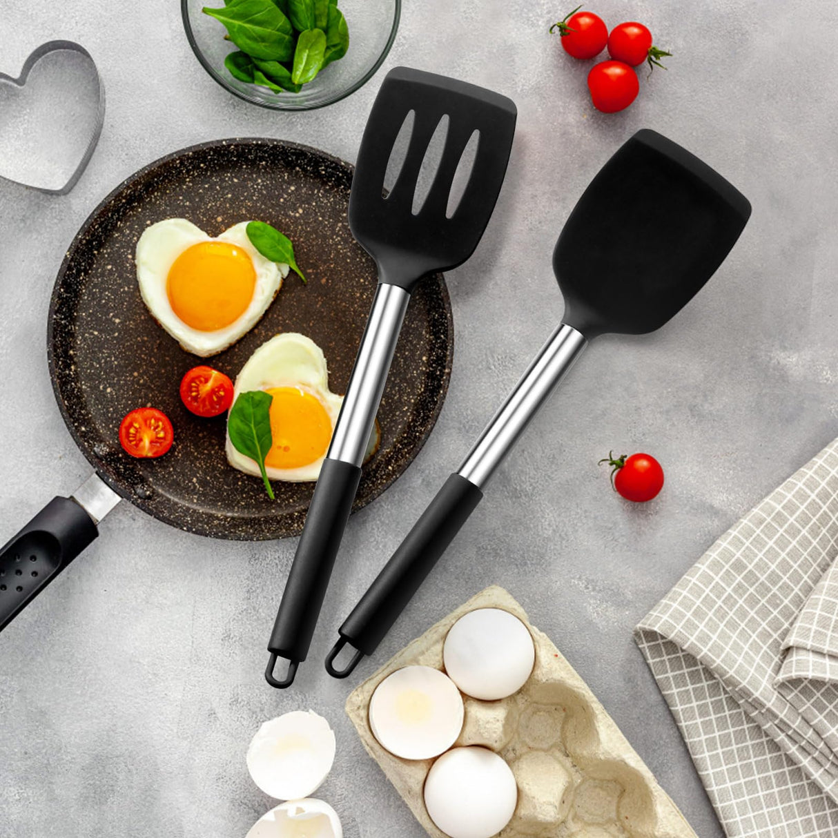 E-far Silicone Spatula Set of 2, Solid & Slotted Turner for Nonstick Cookware, Heat Resistant Rubber Kitchen Cooking Utensils for Flipping Fish Pancake Egg - Black E-far