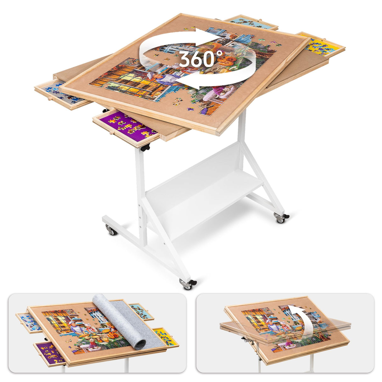 Tektalk Rotating Jigsaw Puzzle Table with Angle & Height Adjustment, Wooden Puzzle Board with Cover & 4 Colored Drawers, Tilting Puzzle Easel with Legs & 4 Roller Wheels, for Up to 1500 Pieces Tektalk