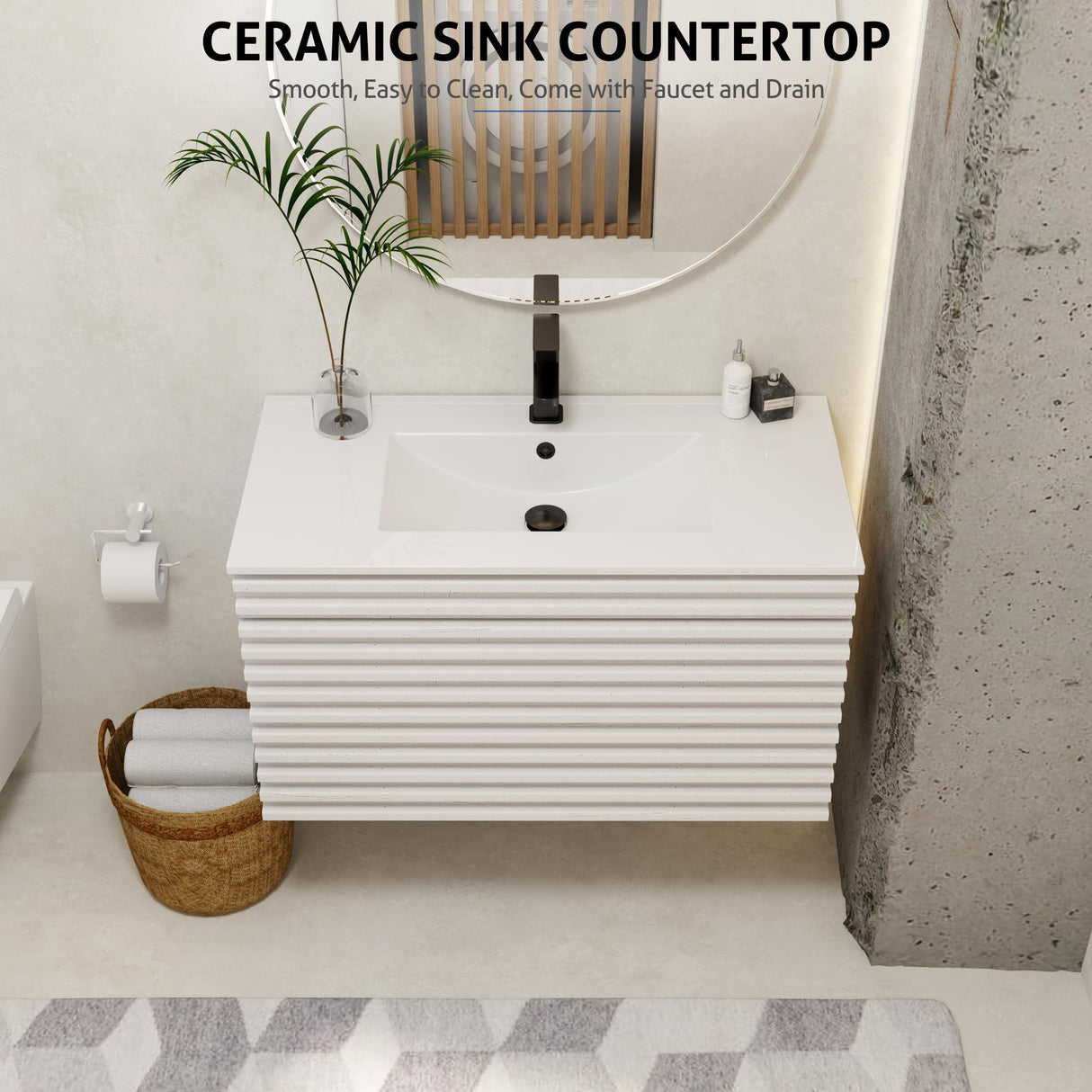 eclife 36" Floating Bathroom Vanity with Sink Combo Mid-Century Wall Mounted Cabinet with Wood Stripes Decor, Drawers, Undermount Sink, Faucet, Drain, Mixed White eclife