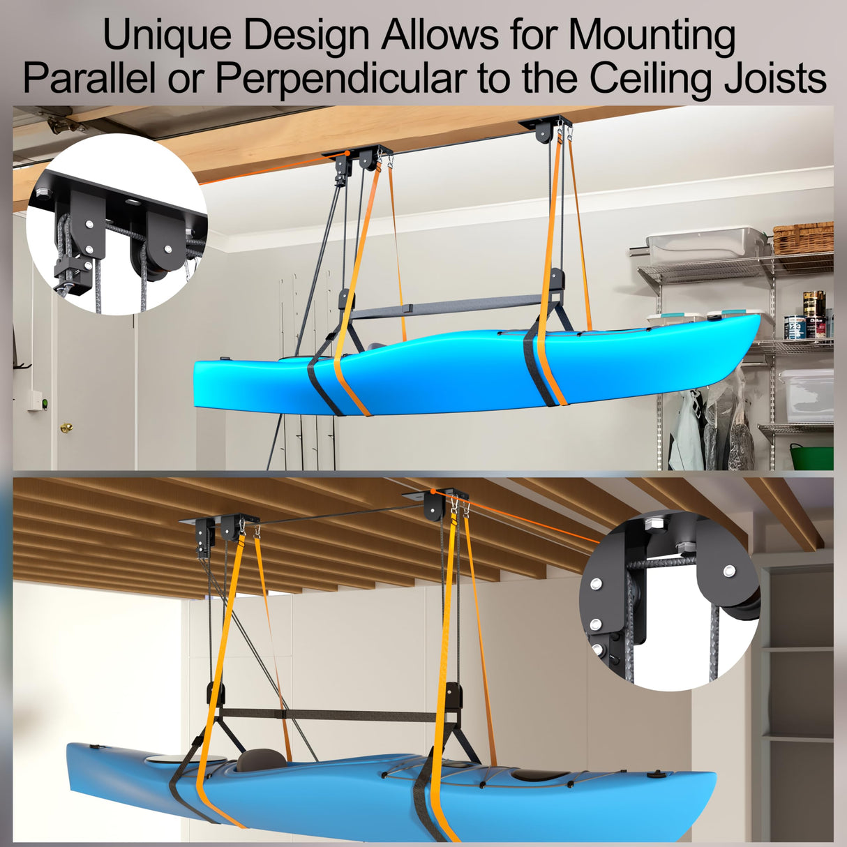 TRUSOON Kayak Hoist, Heavy Duty Kayak Pulley System for Garage Ceiling, Hold Up to 150 lbs Capacity, Canoe Garage Lift Storage System, Fit 10-18 Foot Ceilings, Black TRUSOON