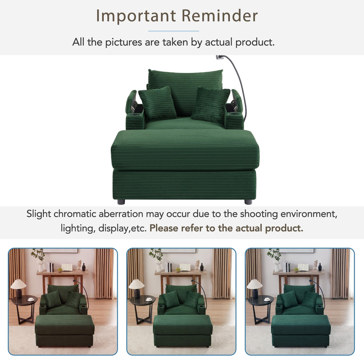 Merax Modern Corduroy Single Sofa with Ottoman, Two USB Ports & Cup Holders, Small Couch with Pillows & Phone Holder for Living Room Green Merax