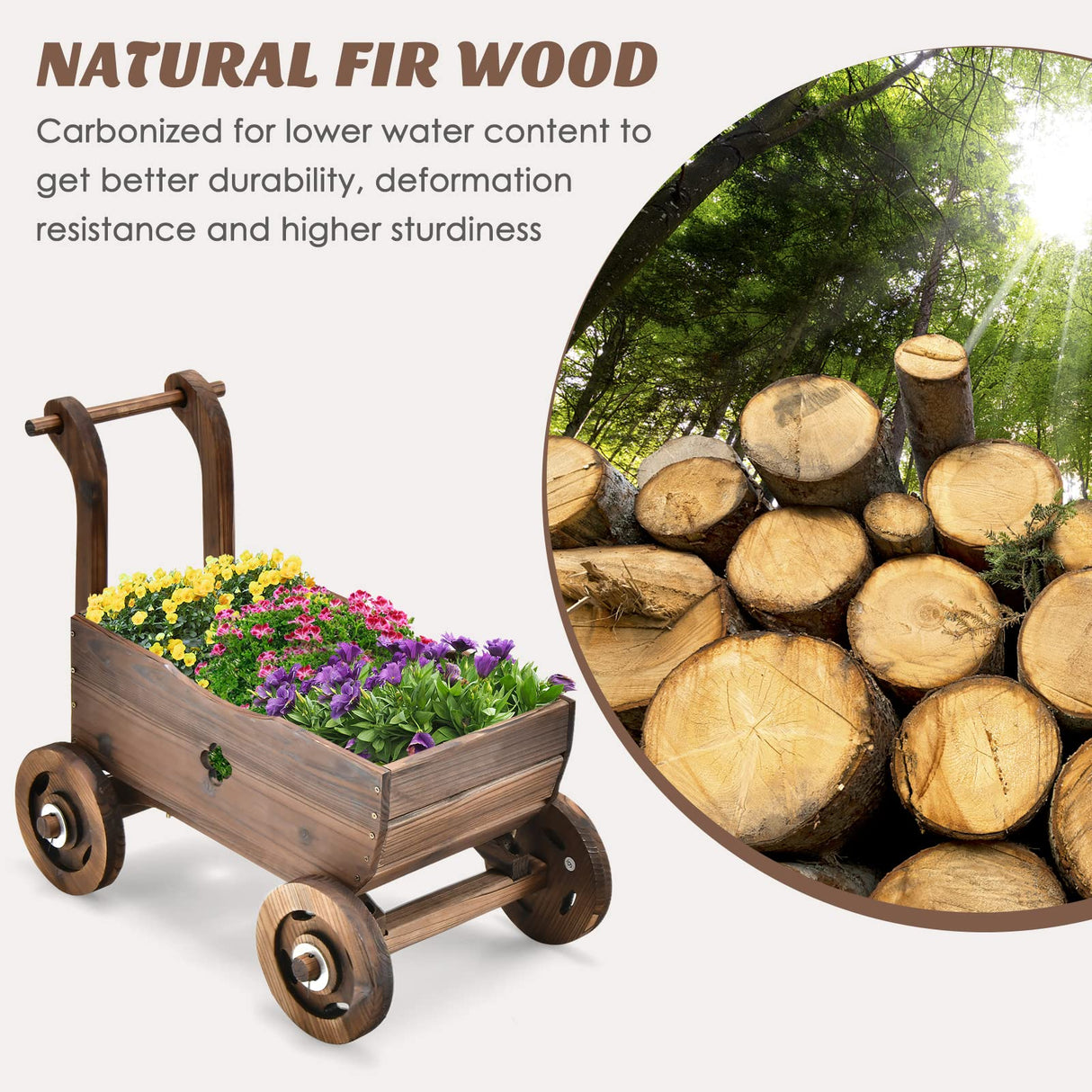 HAPPYGRILL Wagon Flower Planter Cart, 4-Wheel Wood Garden Wagon Decor with 2 Drainage Holes, Movable Flowerpot Holder Stand, Indoor Outdoor Raised Plant Bed HAPPYGRILL