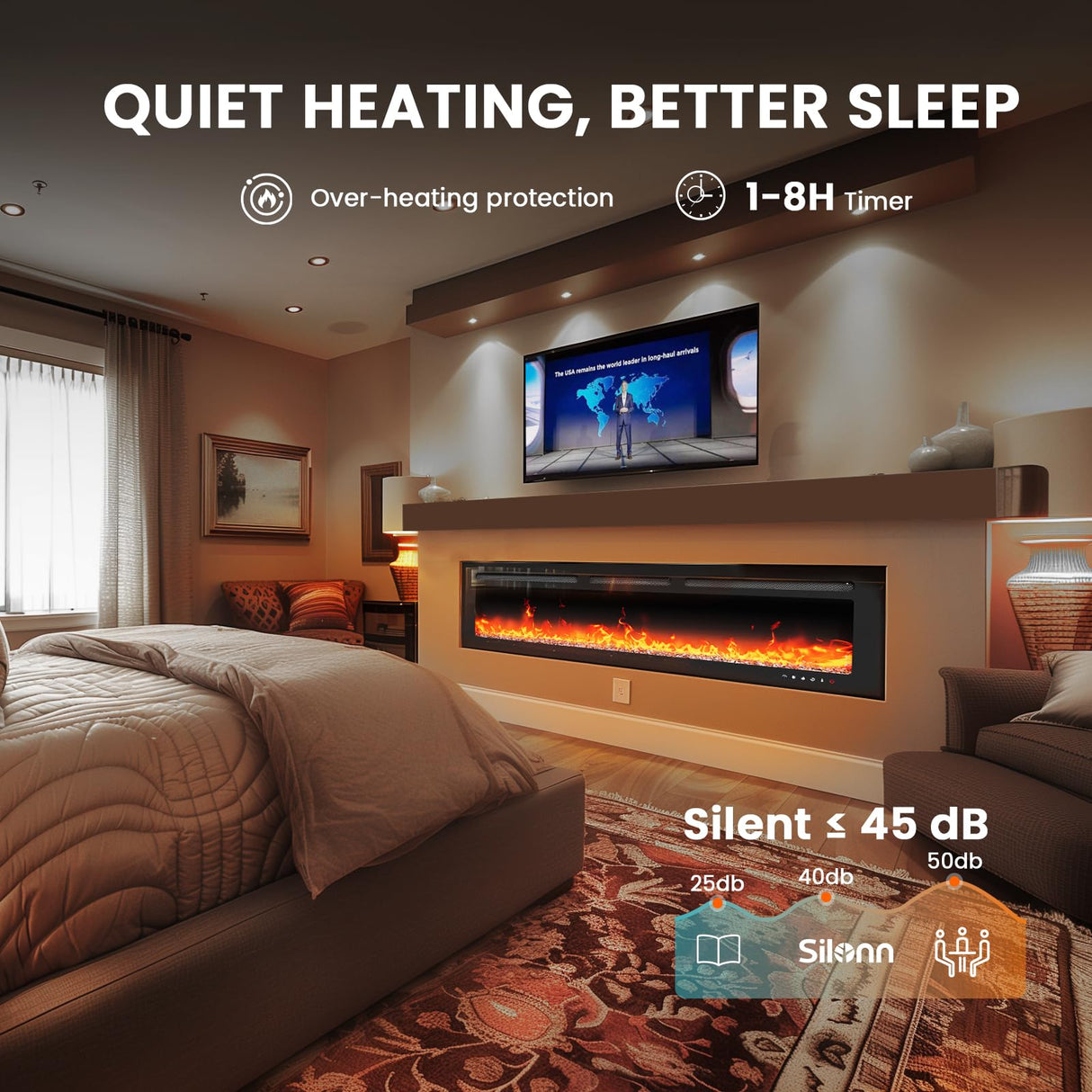 Silonn 50″Smart Electric Fireplace Heater with App & Remote Control, 5300 BTU Heat Output, Ultra-Slim Wall-Mounted or Recessed Electric Fireplace Inserts with Timer, 20 Flame Colors,WiFi Enabled Silonn