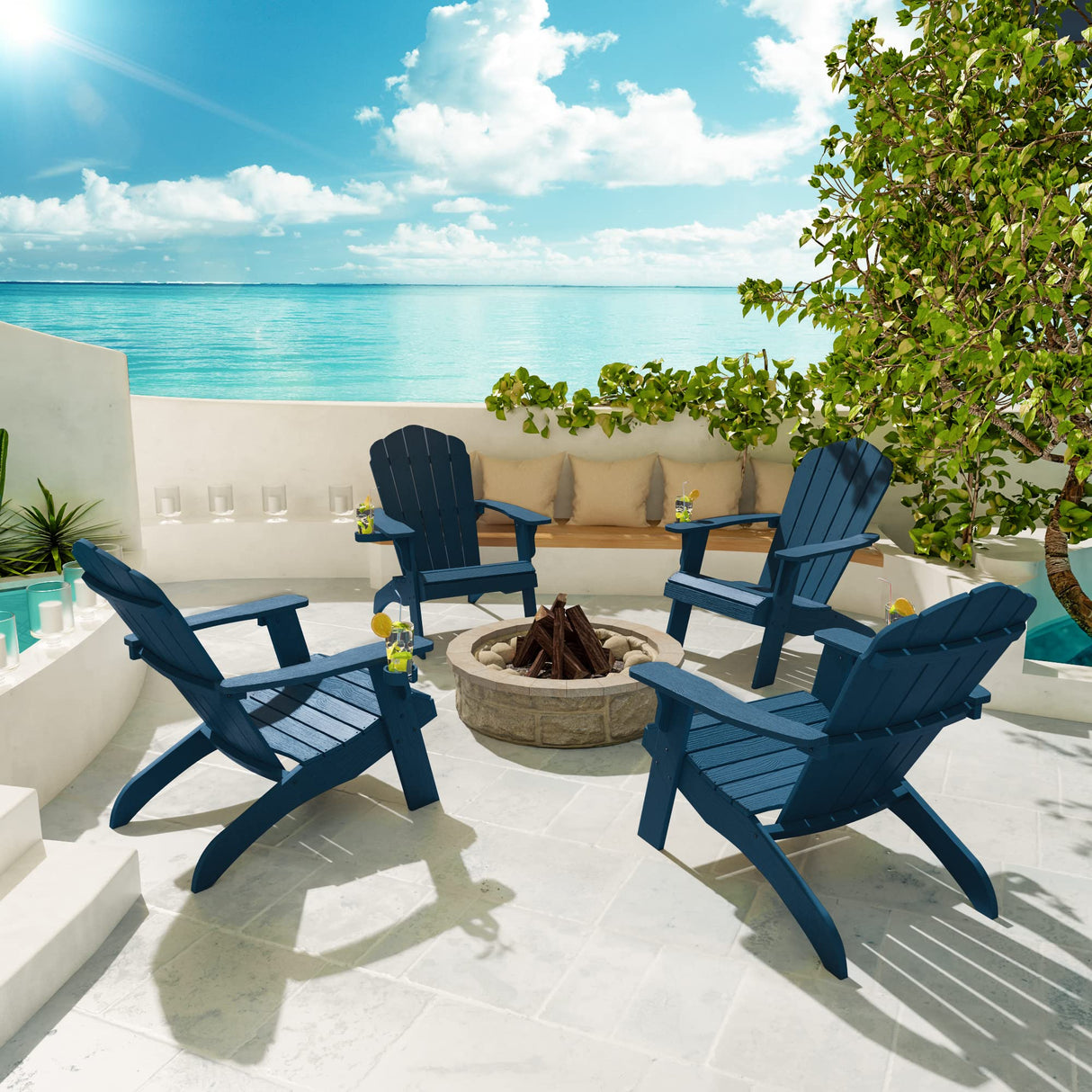 YEFU Oversized Adirondack Chair with Cup-Holder,Plastic Outdoor Fire Pit Chair, Weather Resistant, Poly Lumber Chair, Used in Patio, Lawn, Deck,Heavty Duty,Weight Capacity 400lbs-Navy Blue YEFU