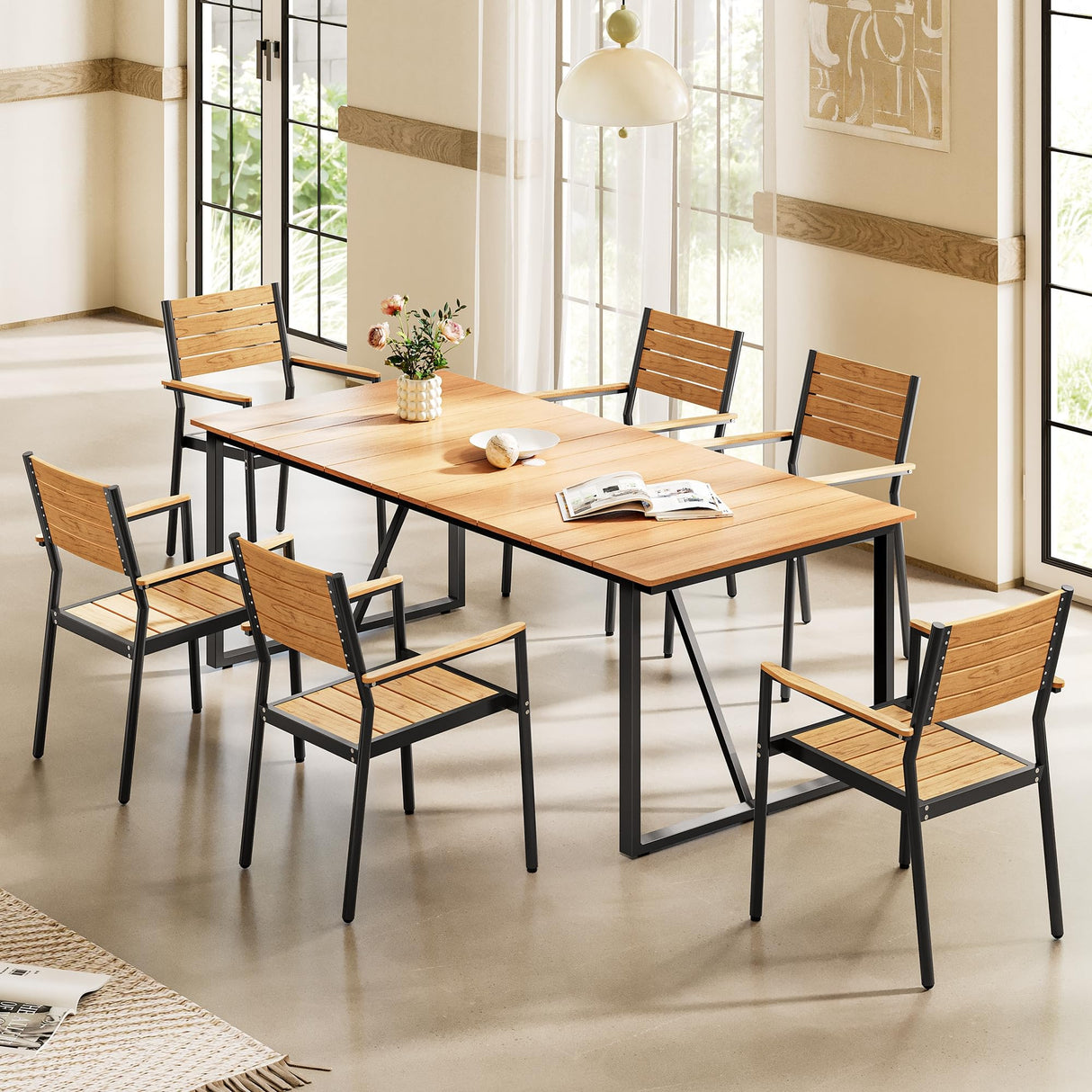 VredHom Outdoor Dining Table, 82.7 inch Patio Dining Table with Wooden-Like Top and Aluminum Frame, Rectangular Table with Umbrella Hole Outdoor Furniture, Only Table, Brown VredHom