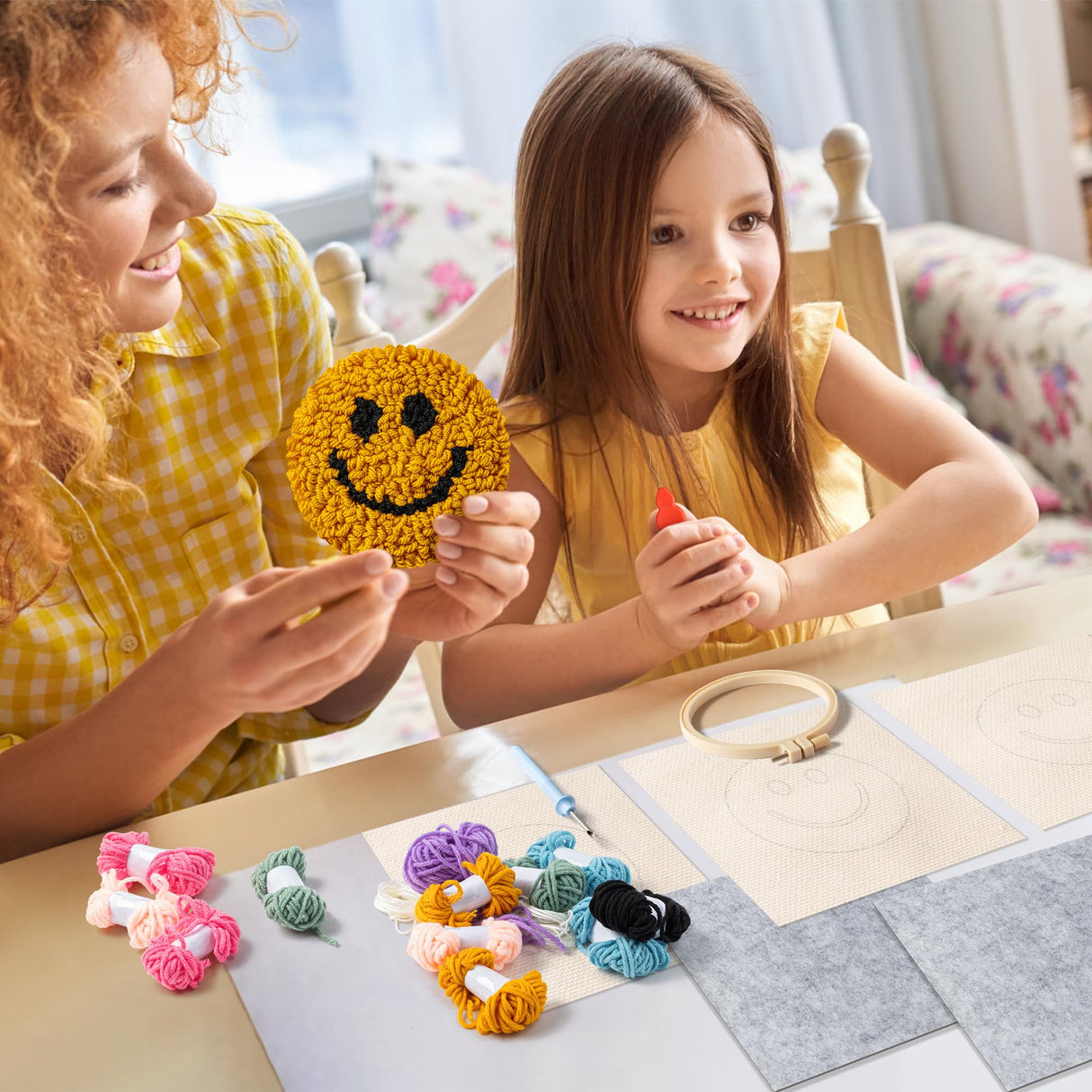 FoszaSzept Smile Punch Needle Coaster Kit, 22Pcs Embroidery Needle Coasters Crafts for Beginners, Easy DIY Mug Tufted Making Set with 6 Patterns Hoop Self Adhesive Felt Cloth Threading Device Gifts FoszaSzept