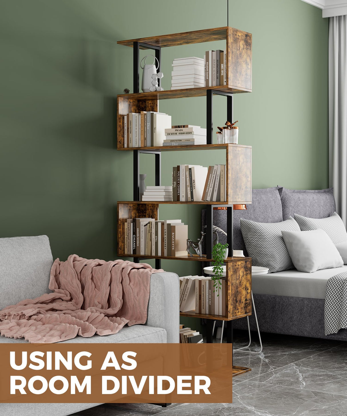 Gadroad 6 Tier Geometric Bookcase,S Shaped Bookshelf, Wood Decorative Storage Shelving, Modern Freestanding Display Shelves, Tall Book Shelf Unit for Living Room Bedroom, Rustic Brown Gadroad