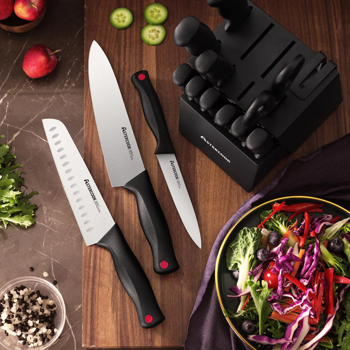 Astercook Knife Set, 15 Pieces Kitchen knives Set with Built-in Sharpener, High Carbon German Stainless Steel Chef Knife Block Sets, Sharp & Rust Resistant Dishwasher Safe, Black Astercook