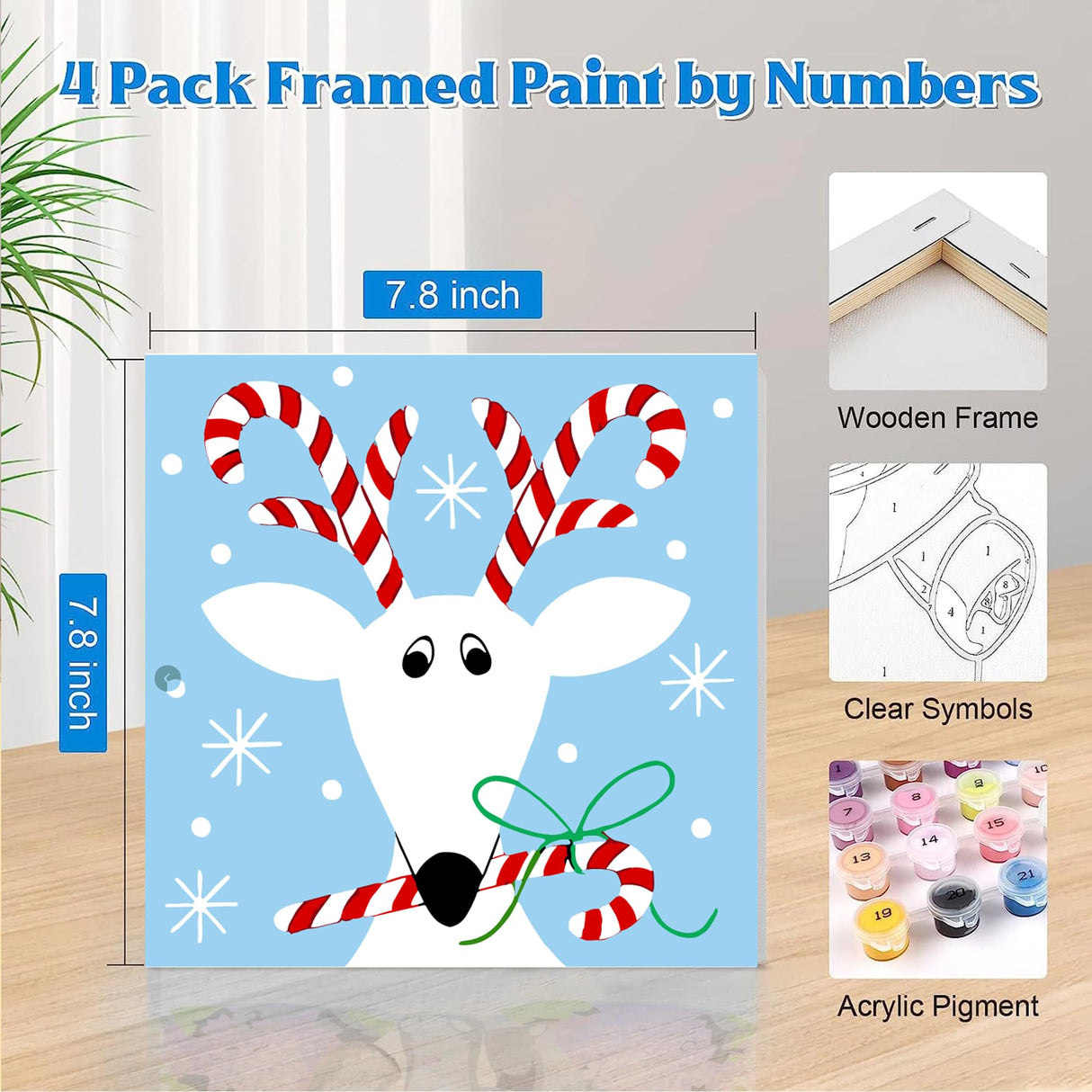 Yijingtop 4 Packs Framed Chrsitmas Paint by Numbers Kit for Kids Ages 8-12,Snowman Easy Acrylic Paint by Number Framed on Canvas,Number Painting Paint by Numbers Kit for Home Wall Decoe 8x8inch Yijingtop