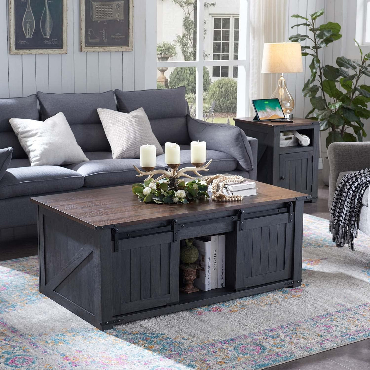 IFGET Lift Top Coffee Table with Double Storage Spaces, Farmhouse Rustic Wood Center Table with Sliding Groove Barn Door, Coffee Table Converts to Dining Table for Living Room Office (Dark Grey) IFGET