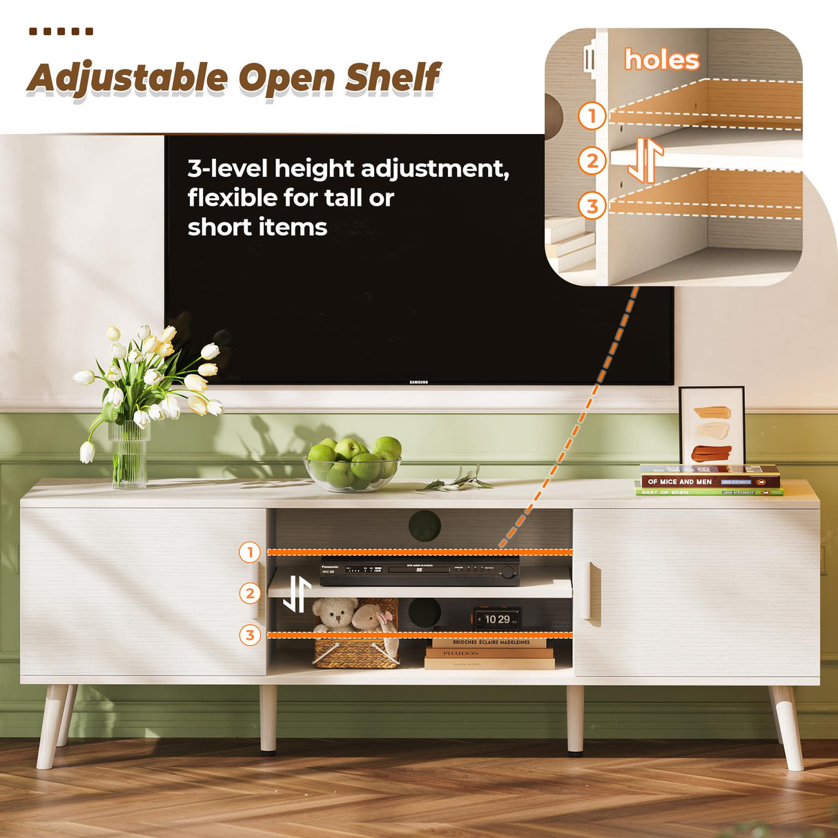 SUPERJARE TV Stand for 55 Inch TV, Entertainment Center with Adjustable Shelf, 2 Cabinets, TV Console Table, Media Console, Solid Wood Feet, Cord Holes, for Living Room, Bedroom, White SUPERJARE