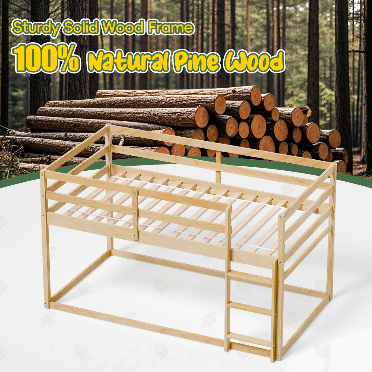 Xilingol Low Bunk Bed for Kids, Floor Bunk Bed Twin Over Twin, Wooden Bunk Bed Frame with Full Guardrails, Twin Bunk Bed for Bedroom, Dorm (Natural) Xilingol