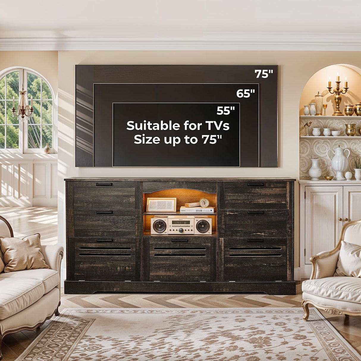 JanflyHome Wood Rustic Chest of Drawers, 63" Wide Vintage 7 Dresser with Outlet and Lights, Farmhouse Drawers Dresser with 4 Drawers & 3 Cabinets for Living Room, Dark Rustic Oak JanflyHome