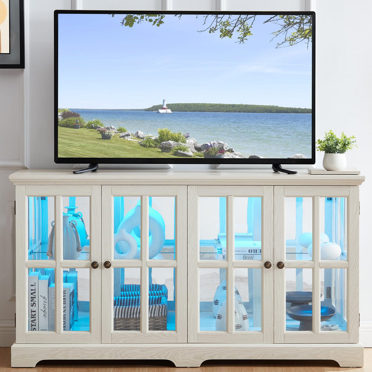 HRVEOCEI Lighted Curio Cabinets with Glass Doors,Wide Curio Display Cabinet with Lights, Farmhouse Glass Display Cabinet with Adjustable Shelves,Grid Design (Wide, White) HRVEOCEI