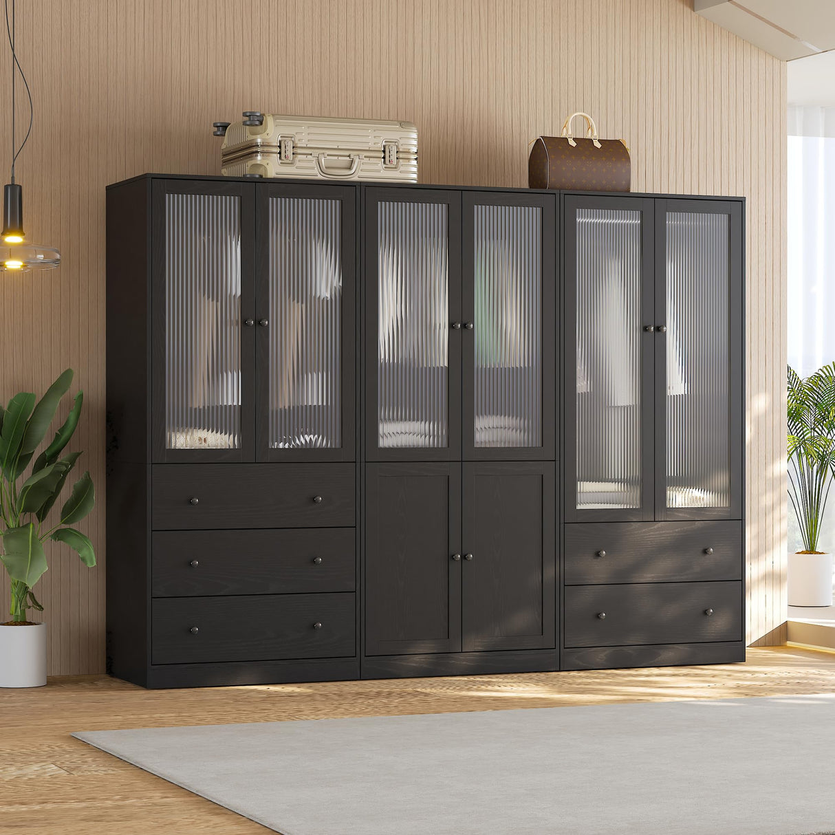 VOWNER 20“D Armoire Wardrobe Closet with Fluted Glass, 71" H Clothing Storage Cabinet with Hanging Rod, 4 Soft-Close Doors Wooden Wardrobe Cabinet for Bedroom, Large Capacity Storage Black(CCA) VOWNER