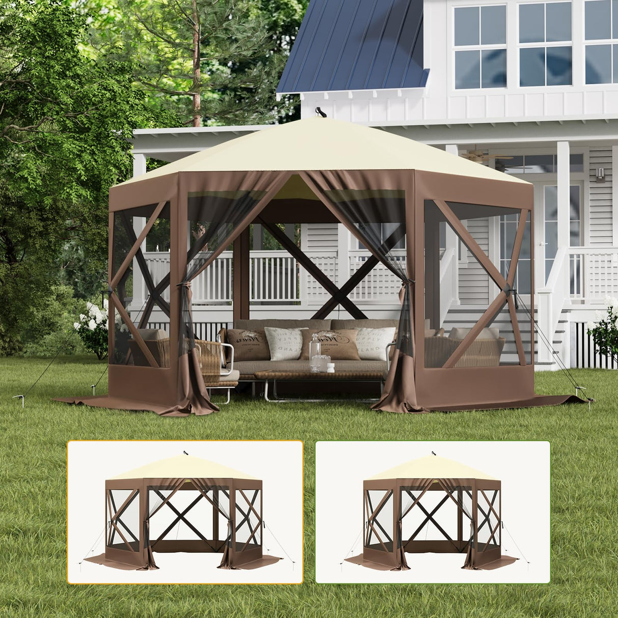 Hipicute Pop Up Gazebo,10 X 10 Ft Portable Outdoor Camping Pop Up Canopy Screen Tent with Mosquito Netting Gazebo,Waterproof 6 Sidewalls,Ground Stakes,Carry Bag for Lawn, Garden, Backyard(Brown) Hipicute