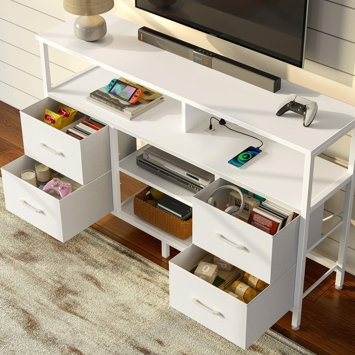 Rolanstar TV Stand with Power Outlets and LED Light, 4 Fabric Drawers Entertainment Center for 32/45/55/65 inch TVs, Media Console with Storage for Living Room or Bedroom, White Rolanstar