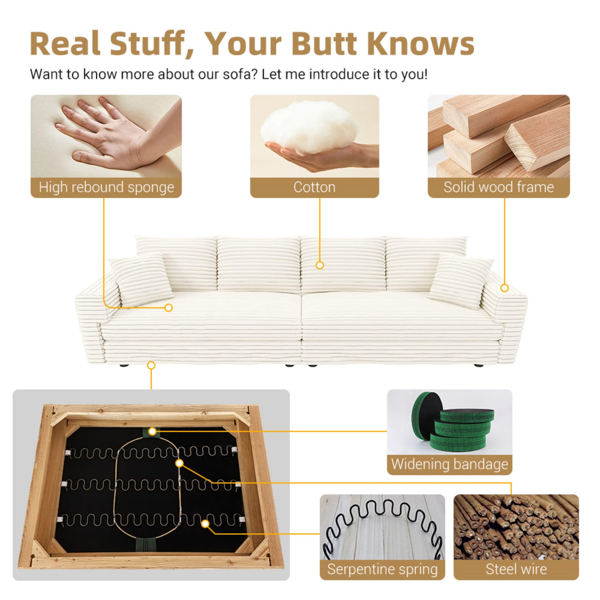 Ball & Cast 4 Seater Cloud Sectional Couch,102.4" Modern Modular Sectional Sofa with Deep Seat & Pillows,Plush Corduroy Comfy Convertible Sofa Couches for Living Room,Beige Ball & Cast