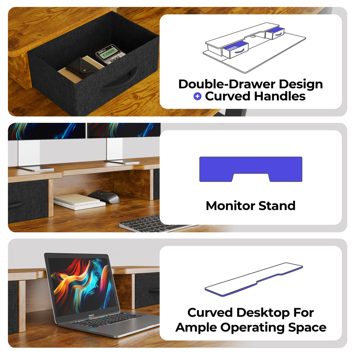 JOISCOPE 48 Inch Electric Standing Adjustable Height Desk with Double Drawer, Home Office Computer Gaming Desk with Storage Shelf and Power Outlets, Sit Stand Desk, Vintage Oak JOISCOPE