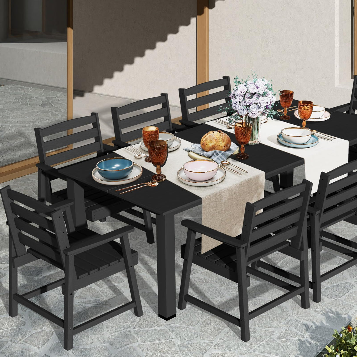 LOUNZY 9-Piece Patio Dining Set, 90'' Outdoor HDPE Luxury Table with 8 Weather-Resistant Chairs for Backyard, Deck, Lawn, Poolside, Black LOUNZY