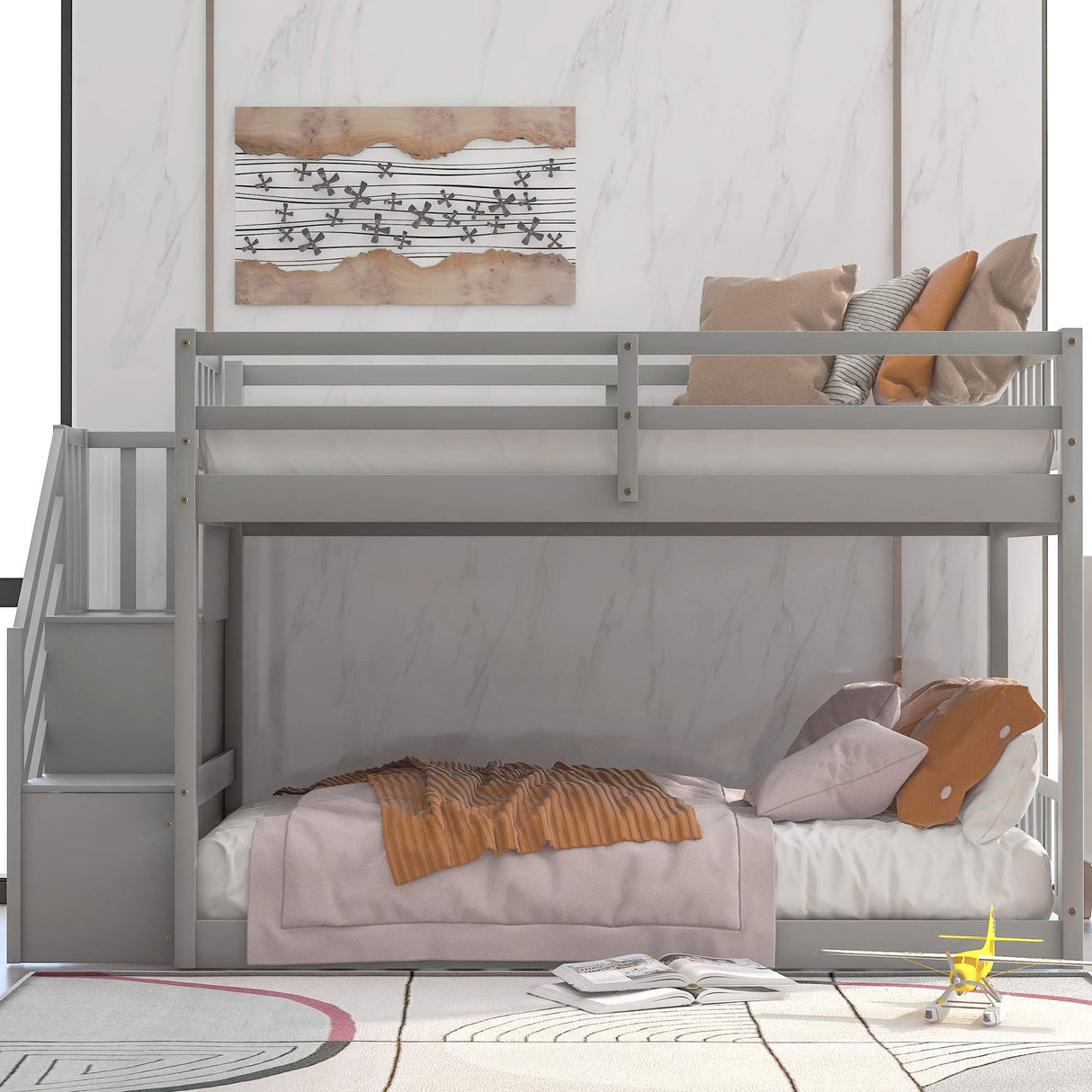 P PURLOVE Twin Over Twin Low Bunk Bed with Storage Stairs in Grey P PURLOVE
