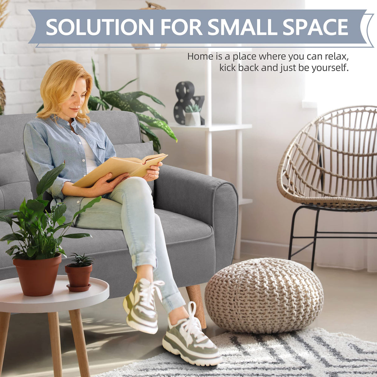 Shintenchi Small Modern Loveseat Couch Sofa, Mid Century Fabric Upholstered 2-Seat Sofa Couch Love Seats Furniture for Small Space,Living Room,Studio,Apartment with 2 Pillows,Light Grey Shintenchi