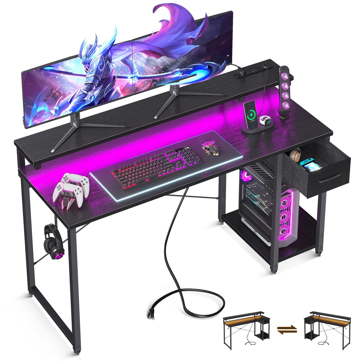 AODK Gaming Desk with LED Lights & Power Outlet, 55 Inch Computer Desk with Drawer, Reversible Desk with Adjustable Monitor Shelf & Headphone Hook for Home Office, Black AODK