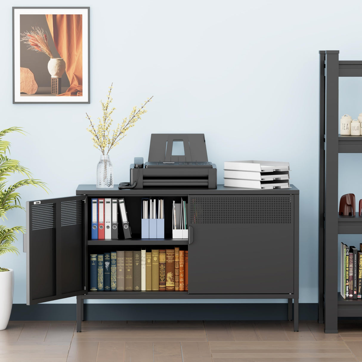 Ustamio Black Wide Metal Locker Storage Cabinet, 2 Door Metal Accent Cabinet for Home and Office, 2 Tier Low Metal Cabinet with Doors and Shelf, Multipurpose Metal Tv Stand Cabinet Ustamio