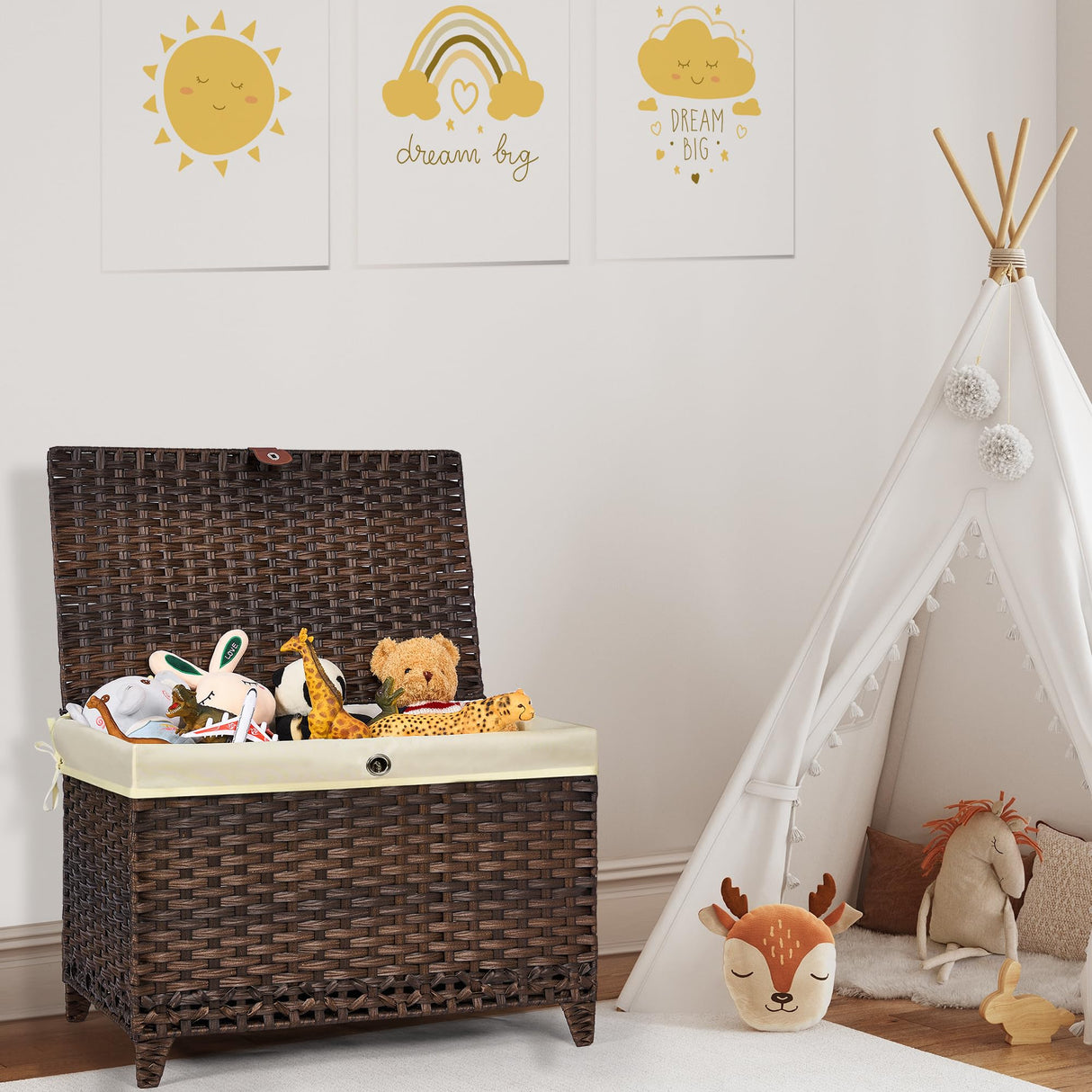 Honjourai Wicker Storage Basket with Lid,Rattan Shelf Basket with Removable Liner Bag,160L Storage Bin,Storage Trunk with Heightened Feet,Storage Container for Wardrobe,Home Organizer Honjourai