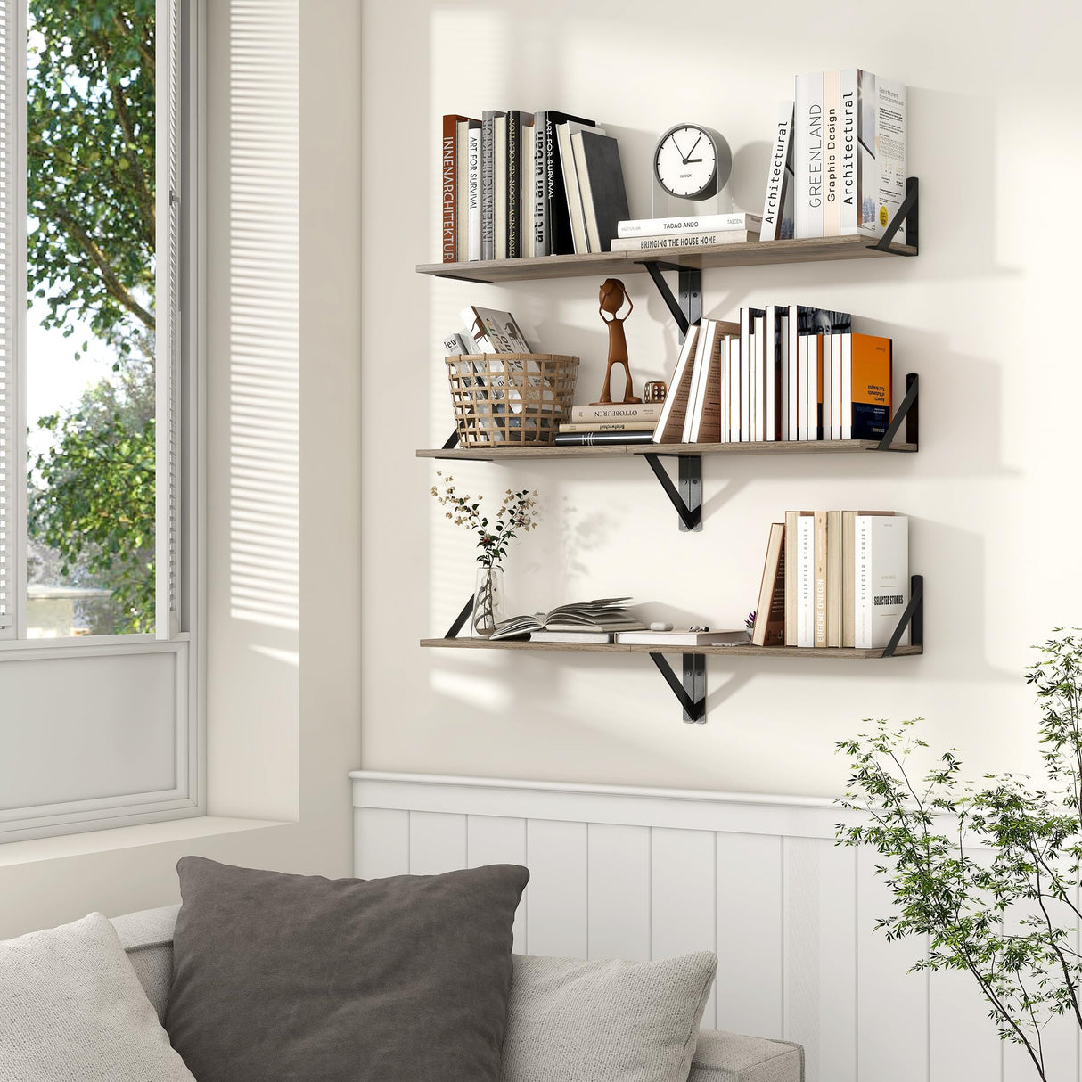 Axeman Floating Shelves for Wall, 16W x 8D Floating Shelves Set of 2, 8 Inch Deep Rustic Grey Wood Wall Mounted Shelves for Farmhouse Bookshelf Living Room Bedroom Axeman