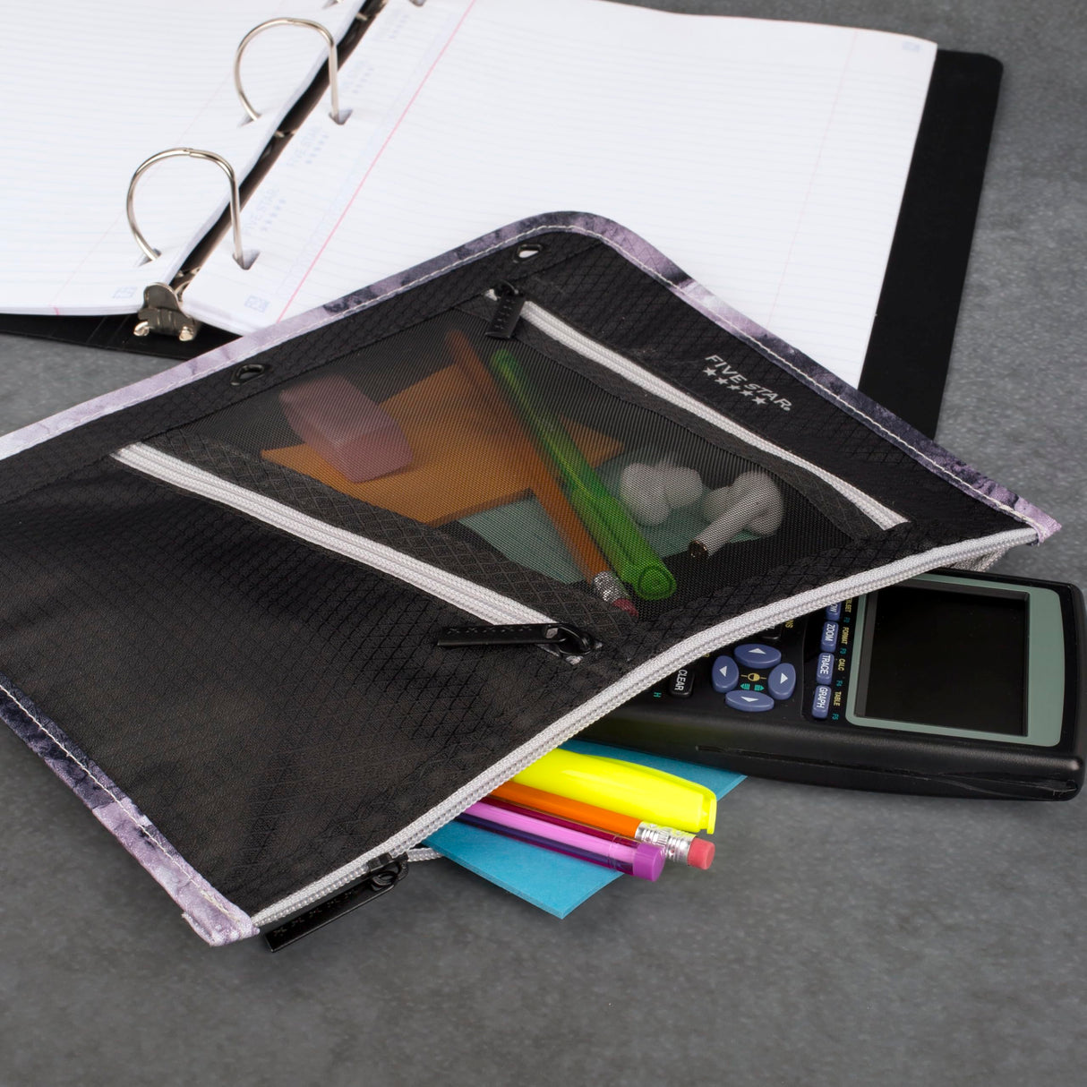 Five Star Pencil Pouch, Pen Case, 3-Pocket Zipper Pouch, Fits 3-Ring Binder, Storage Organizer for Classroom Supplies Earbuds Chargers Cables Makeup, Black/Grey (506420A-ECM) Five Star