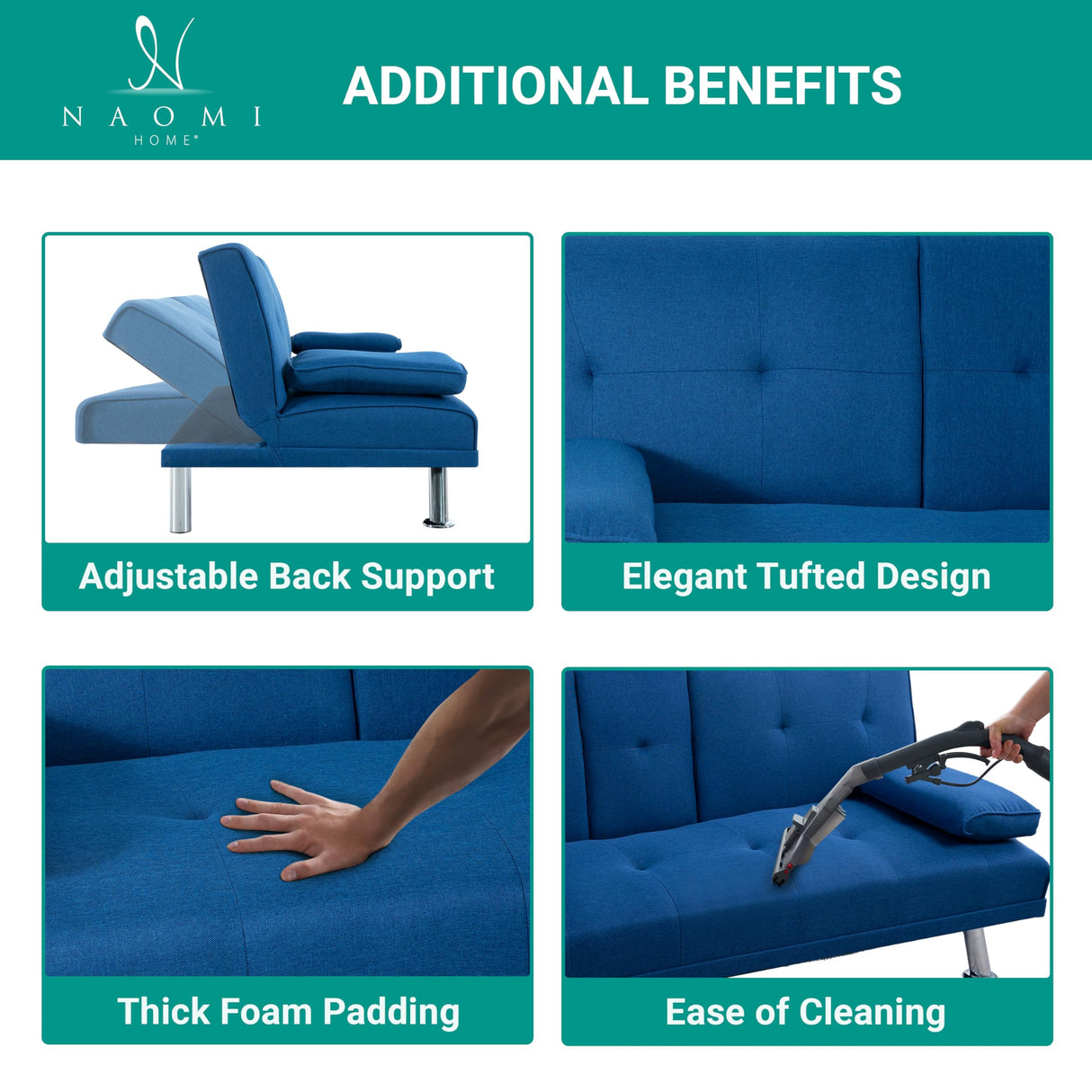 Naomi Home Blue Futon Sofa Bed, Linen Futon Couch with Armrest and 2 Cupholders, Pull Out Sofa Bed Couch with Metal Legs, Reclining Small Couch Bed, Blue Couches for Living Room Naomi Home