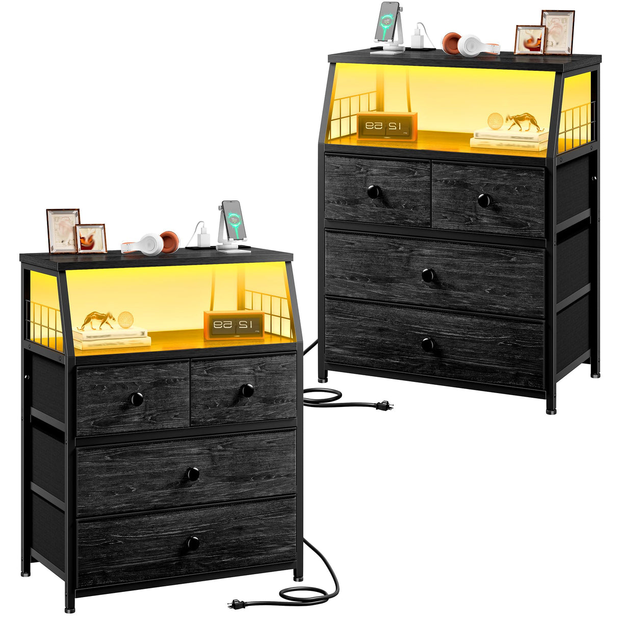 EnHomee Nightstand Set of 2, Night Stand with Charging Station & LED Lights, Bedside Table with 4 Fabric Drawers for Bedroom, Side Table with Outlets and 2 USB Ports, Black EnHomee