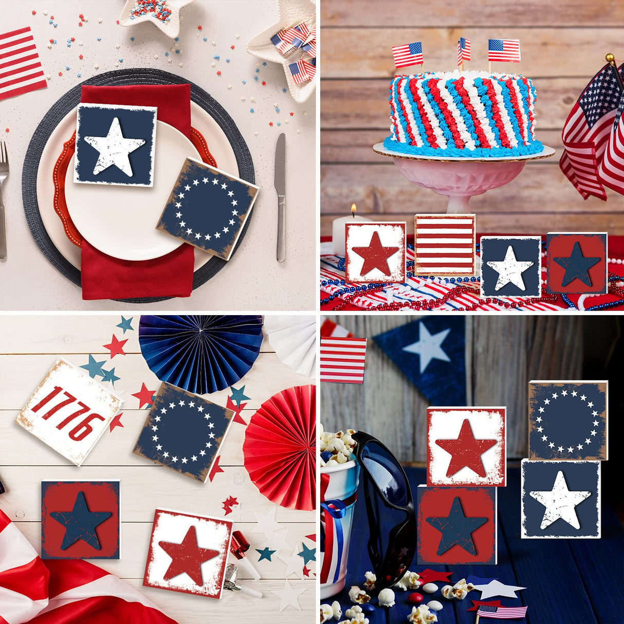 6 Pcs Independence Day Wood Signs Rustic Patriotic Standing Blocks Decor for Home 4th of July Table Centerpiece Labor Day Tiered Tray Decorations for Shelf Party Decor Panelee