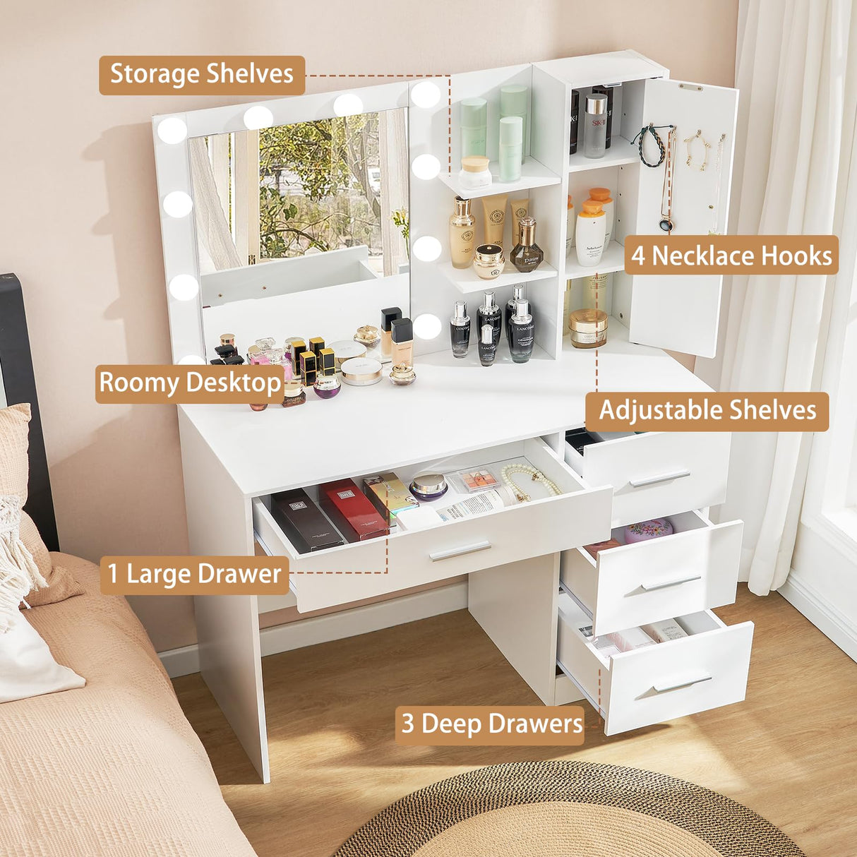 usikey Makeup Vanity with Lights, Vanity Desk with Mirror and 10 LED Lights, Vanity Table Set with 4 Drawers, Cabinet & 4 Necklace Hooks, Dressing Table for Bedroom, White usikey