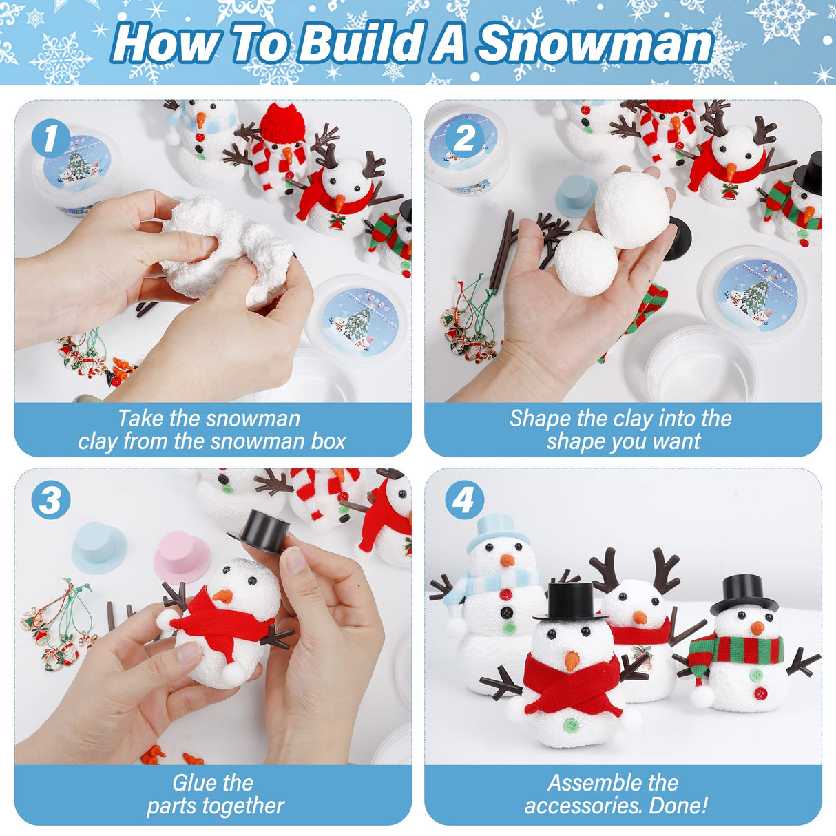 12 Pack Christmas Craft, DIY Snowman Kit for Kids, Build a Snowman Kit Indoor Decorations, Creative Kids Air Dry Modeling Clay, Xmas Activities Snowman Making Kit Toys for Holiday Favor Supplies EOBOH