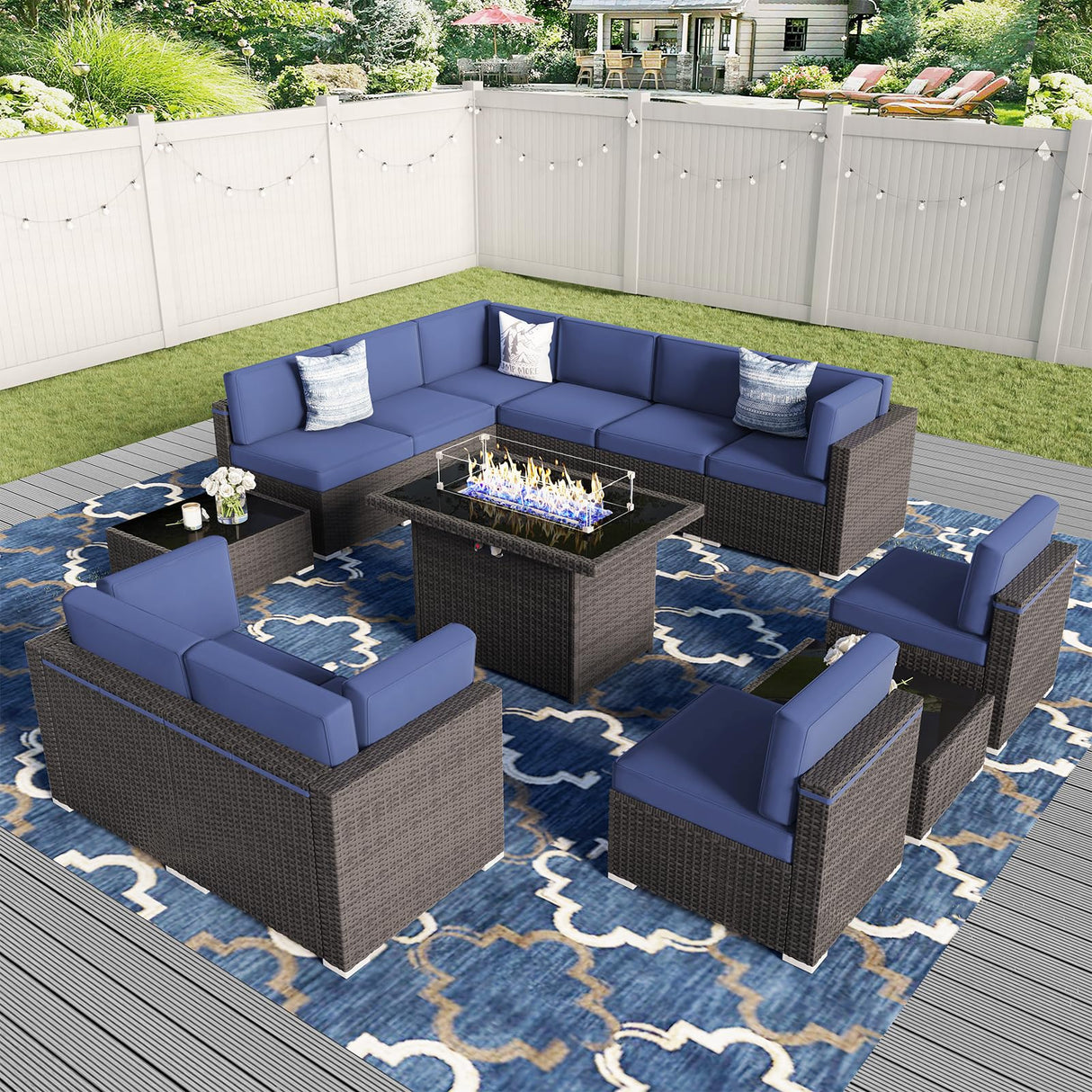Vakollia 13 Pieces Patio Furniture Set with 44" Propane Gas Fire Pit Table, Outdoor Sectional Wicker Conversation Sofa Sets with Coffee Table Vakollia