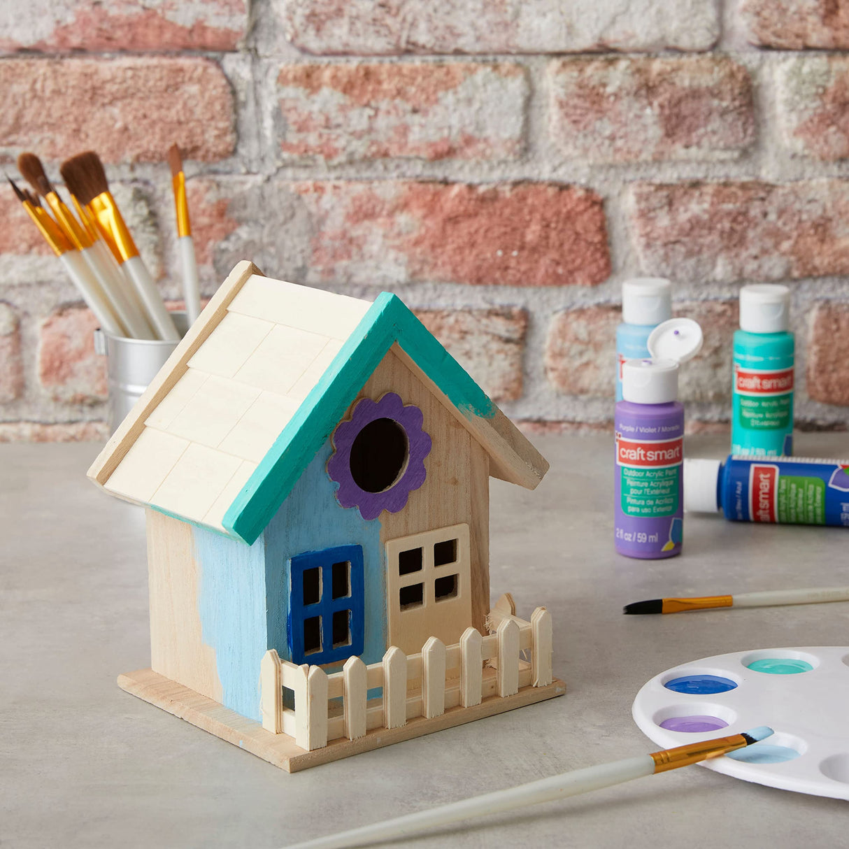 7" Wooden Birdhouse with Fence by Make Market - Unfinished Birdhouse Made of 100% Wood, Outdoor Nesting Boxes - Bulk 8 Pack Make Market