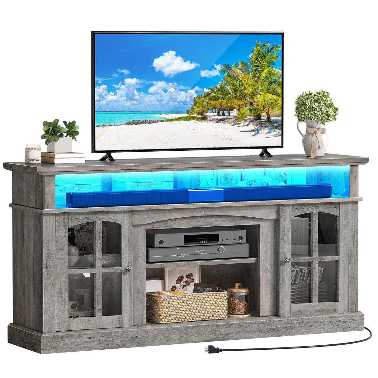 YITAHOME LED Farmhouse TV Stand for 75 Inch w/Outlets, Modern Entertainment Center with Glass Doors and Adjustable Storage Shelves, Media Console TV Cabinet for for Living Room, Grey YITAHOME