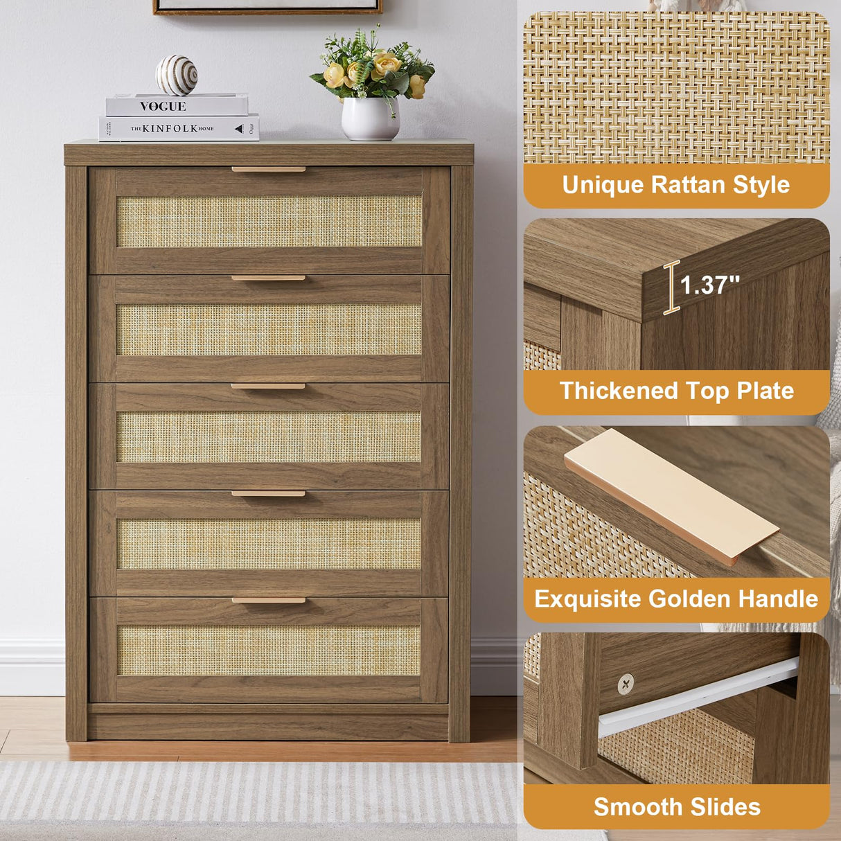 OAKHAM HOME 5 Drawer Rattan Dresser Storage Cane Cabinet, Modern Closet Dressers Chest of Drawers, Wooden Chest of Drawers Dresser for Bedroom, Entryway,Living Room, Special Walnut OAKHAM HOME