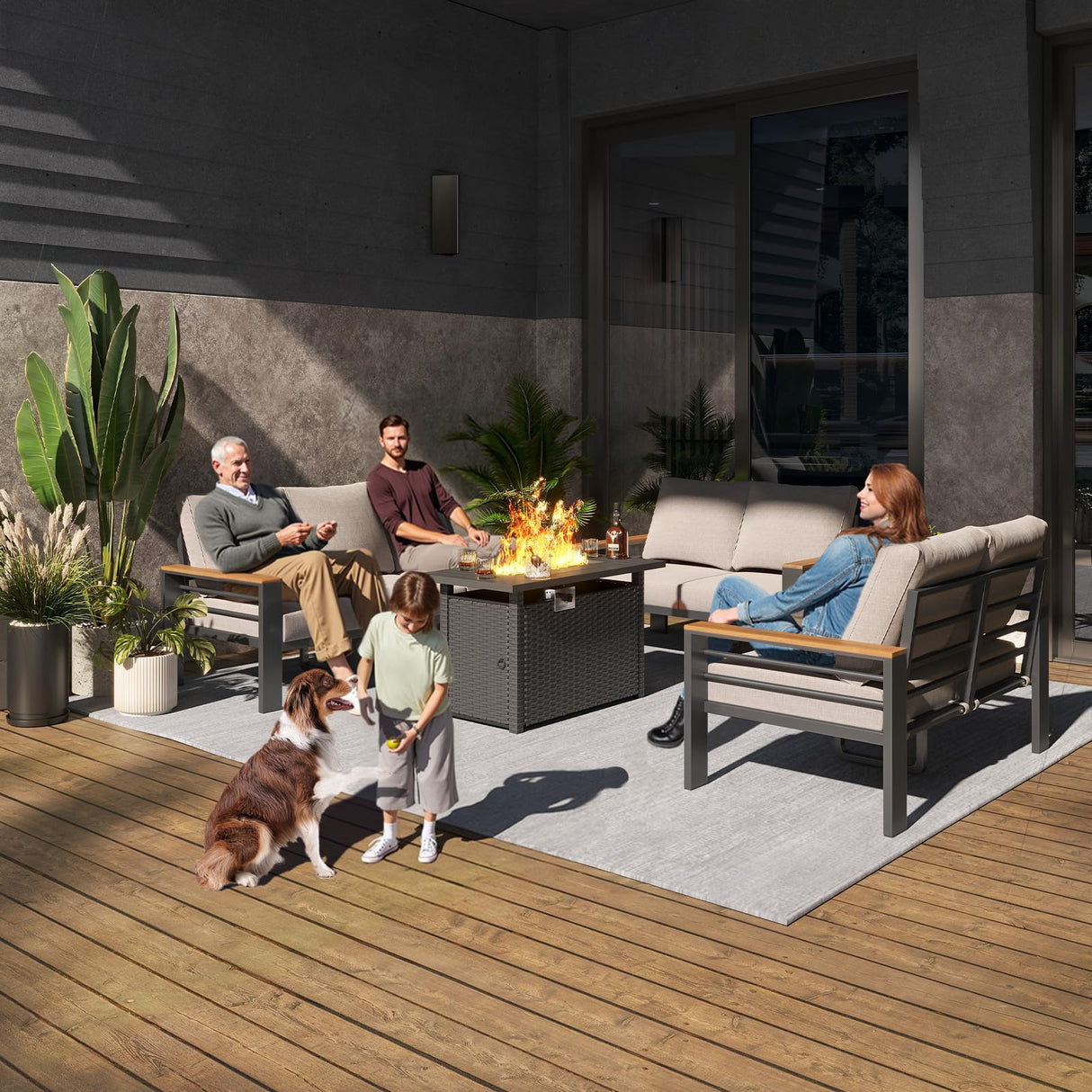 Aoxun Aluminum Outdoor Patio Furniture Set, 7 Seats Outdoor Sectional with Fire Pit Table, Patio Conversation Sets with Upgraded Armrests and Cushions for Backyard, Garden and Poolside(Grey) Aoxun