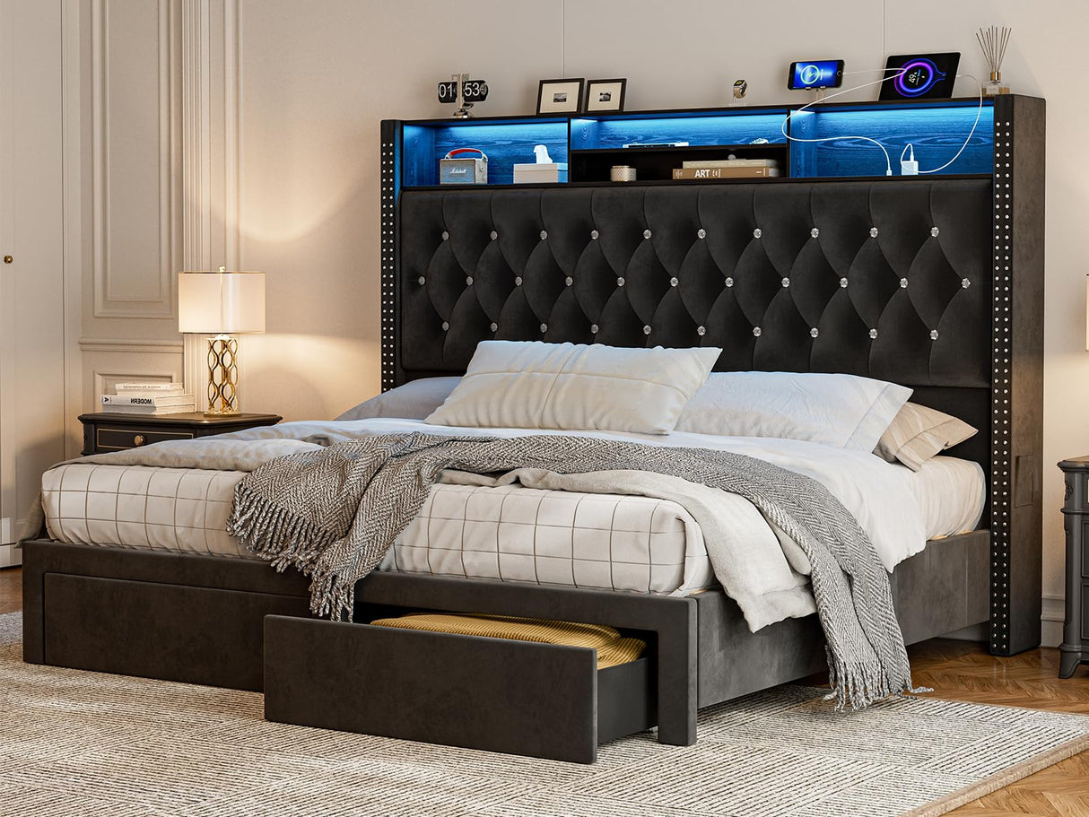 CIKUNASI Upholstered King Size Bed with Headboard and Storage, 60" Tall with 2 Drawers, Tufted Wingback Bed LED Light, Charging Station, No Box Spring Needed CIKUNASI