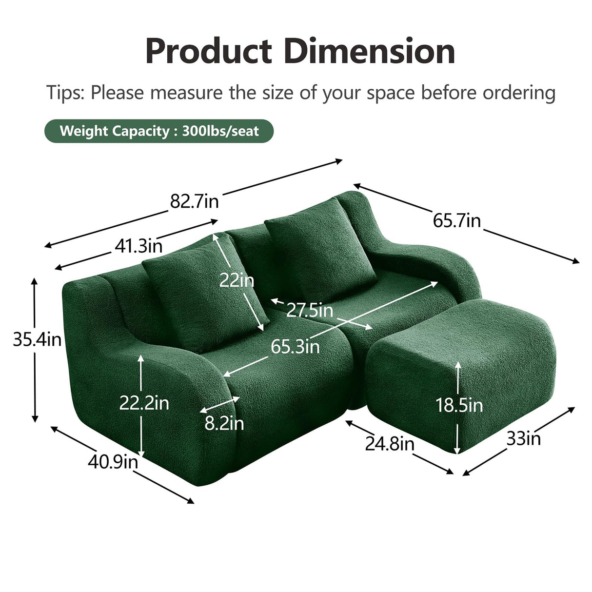 Green Modular Cloud Couch Loveseat with 1 Ottoman, Teddy Fabric Boneless Sectional Sofa in a Box, Comfortable Floor Sofa for Living Room, No Assembly Required, Sofas para Sala ODUSE-DAILY