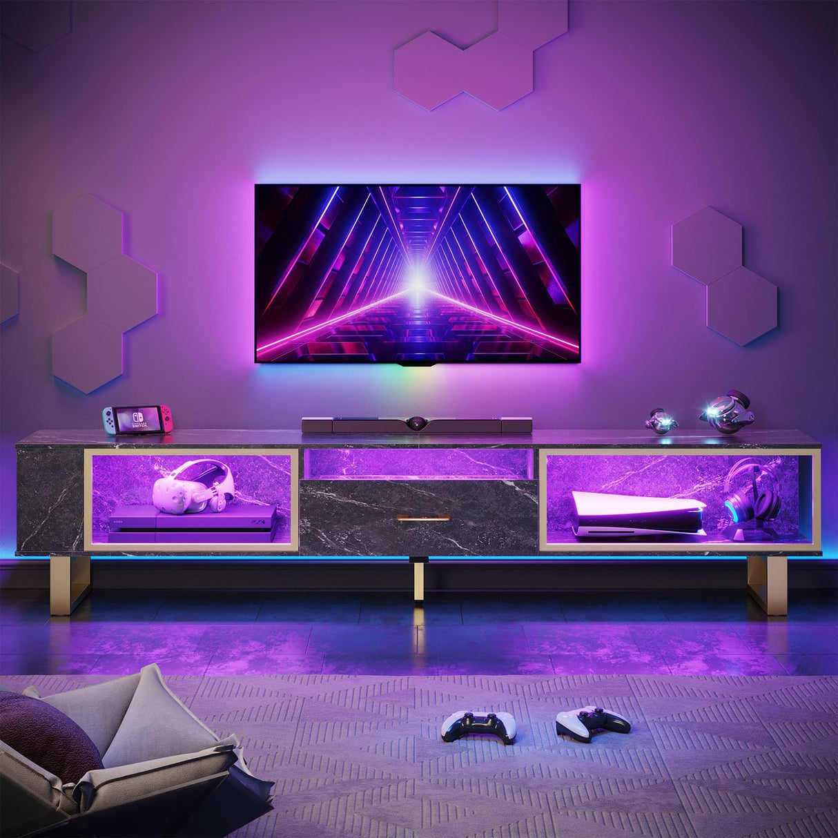 Bestier 80 Inch TV Stand for 65/75/85/90 Inch TVs, LED Gaming Entertainment Center with Open Storage and Half-Glass Design Drawer, Modern High Gloss Media Console for Living Room Bedroom, Black Marble Bestier