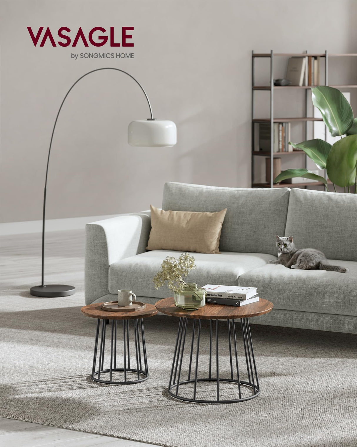 VASAGLE Round Coffee Tables, Set of 2, Modern Circle Side Tables with Steel Frame, for Living Room, Bedroom, Natural Walnut ULCT045K43 VASAGLE