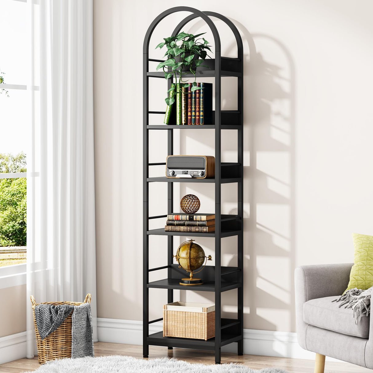 Tribesigns 78.7" Arched Industrial Wood 6-Tier Bookshelf with Metal Frame - Black Storage Organizer Tribesigns